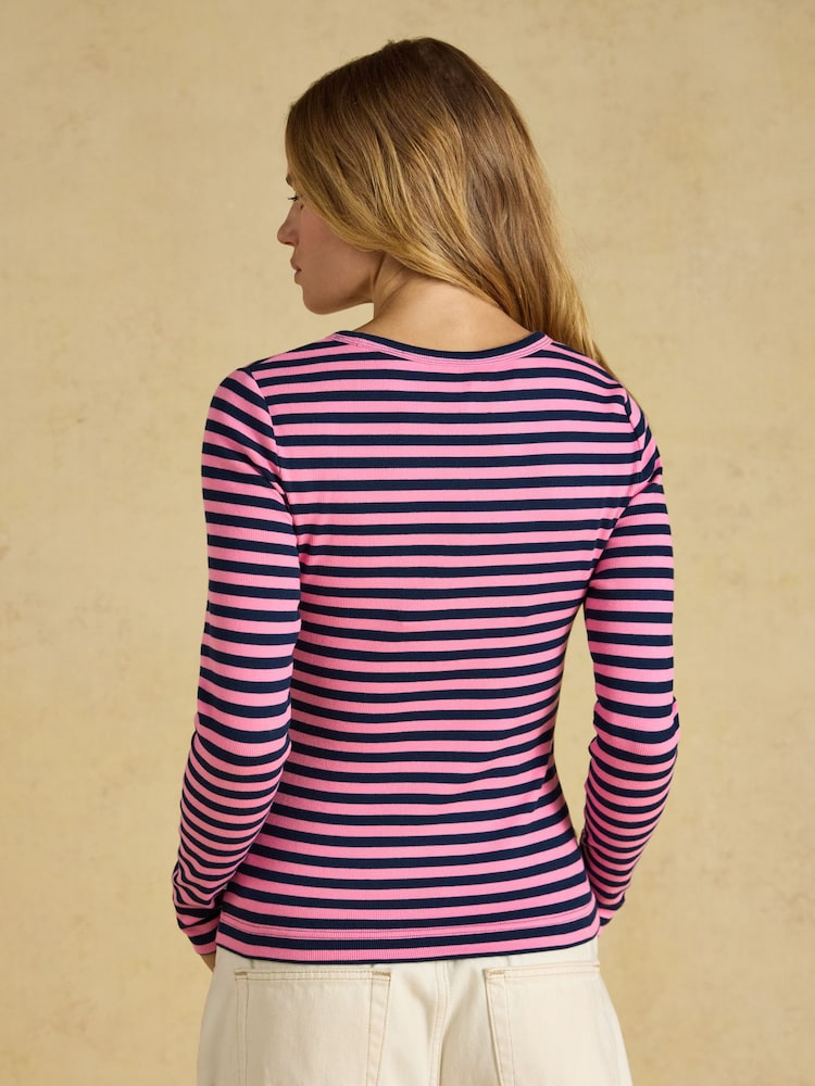 Navy& Pink Striped - Joules Sophie Ribbed Fitted T-Shirt - Image 2 of 7