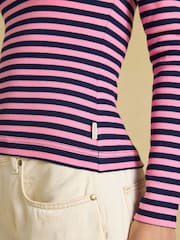 Navy& Pink Striped - Joules Sophie Ribbed Fitted T-Shirt - Image 4 of 7