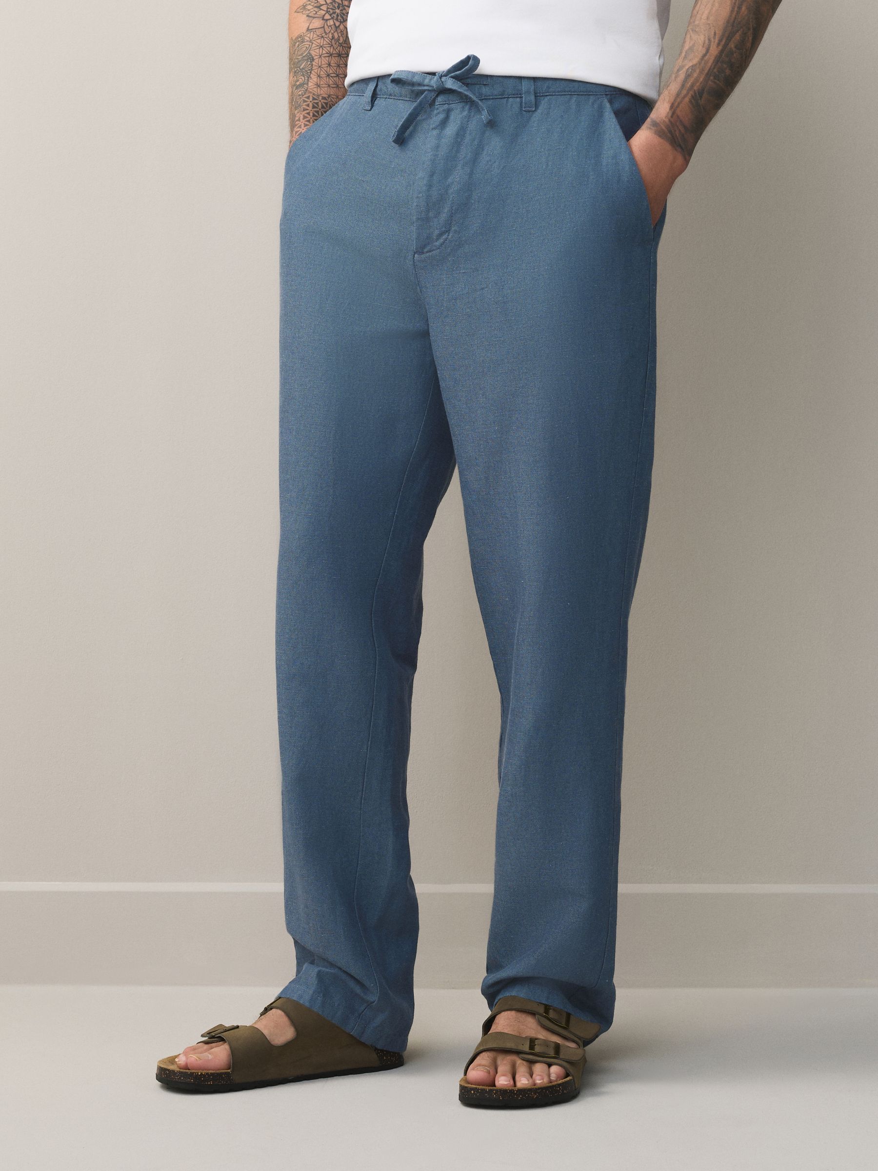 linlin79☆ Buy Blue Straight Fit Cotton Linen Blend Twill Chino Trousers from