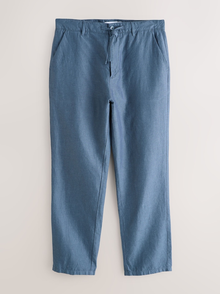 Blue Straight Fit Cotton Linen Blend Chino Trousers - Image 1 of 3