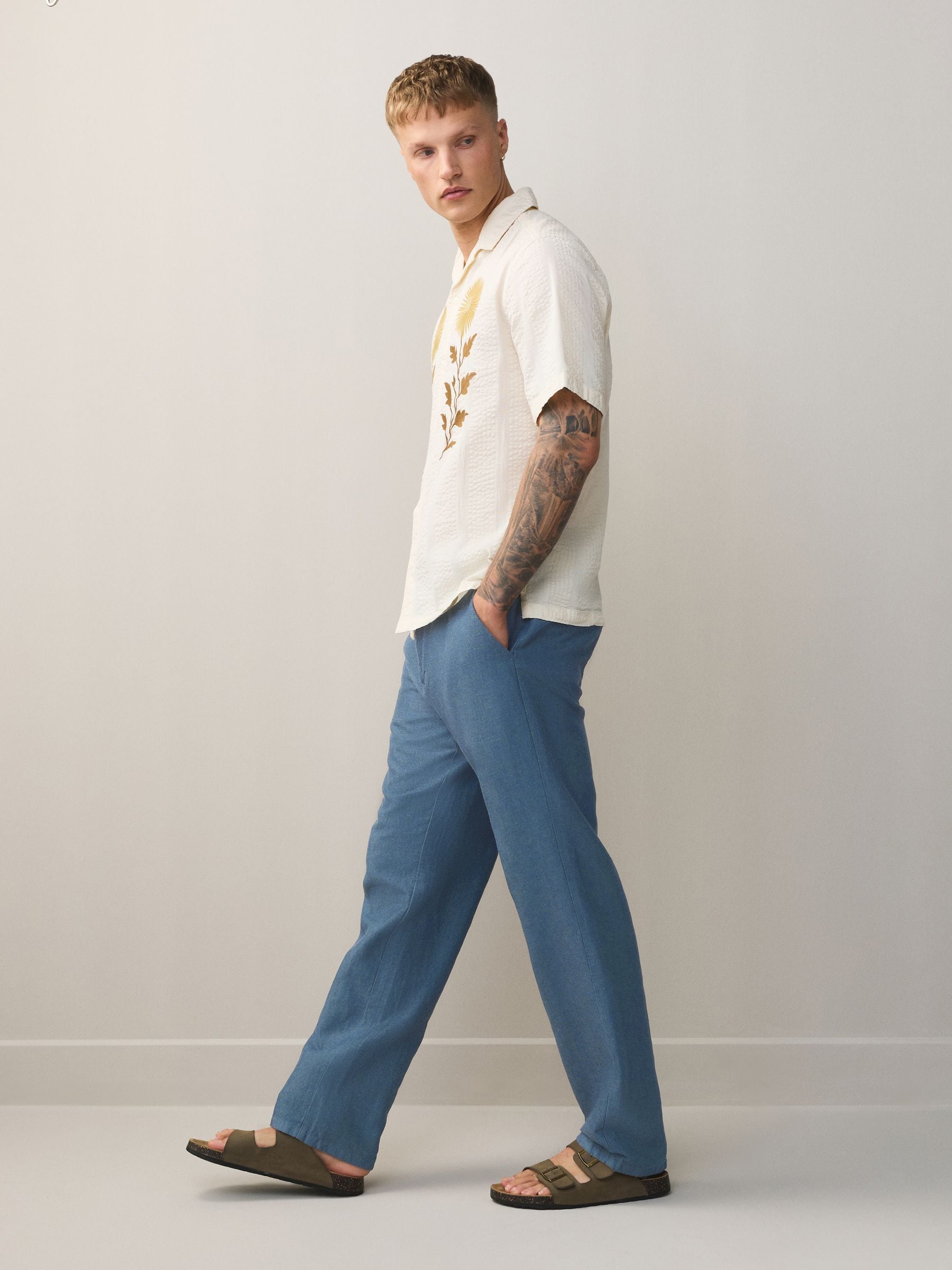 linlin79☆ Buy Blue Straight Fit Cotton Linen Blend Twill Chino Trousers from