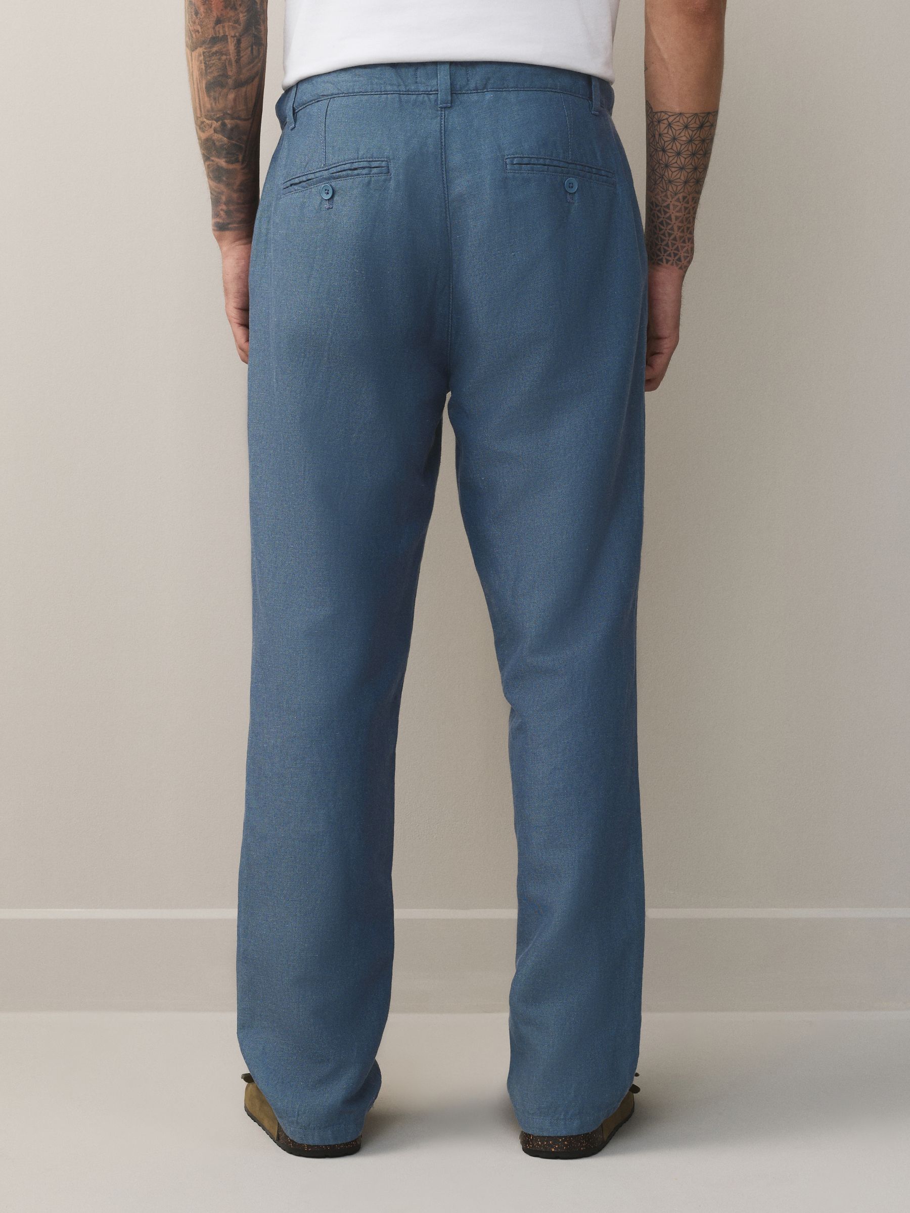 linlin79☆ Buy Blue Straight Fit Cotton Linen Blend Twill Chino Trousers from