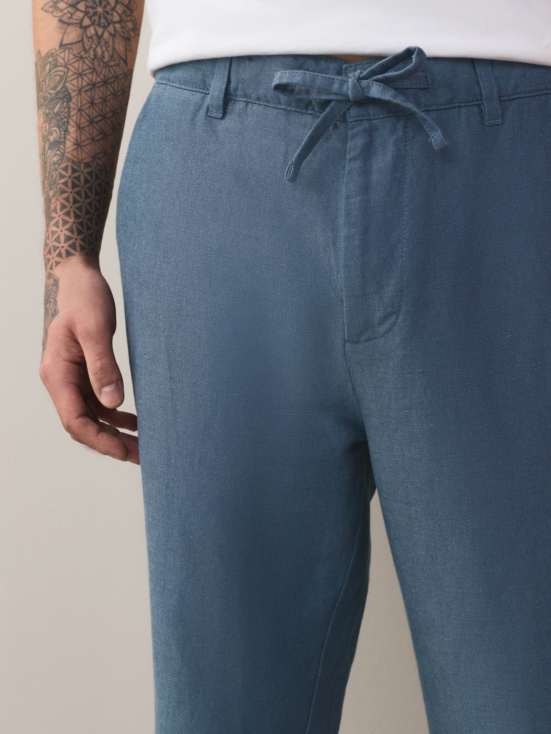 Buy Blue Straight Fit Cotton Linen Blend Twill Chino Trousers from