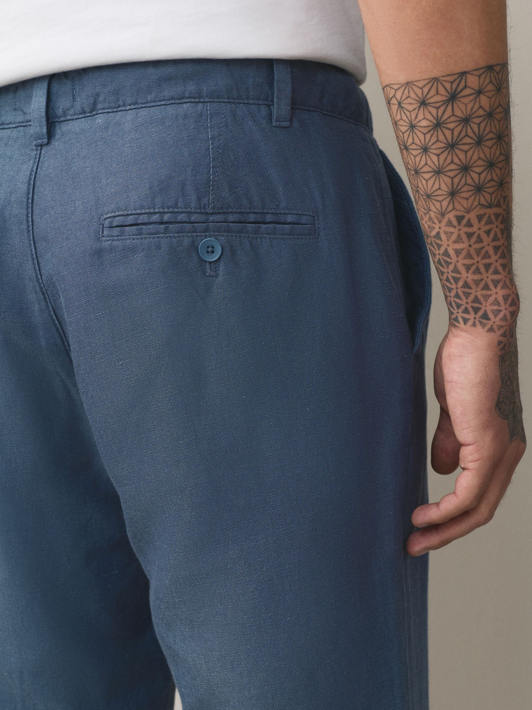 Buy Blue Straight Fit Cotton Linen Blend Twill Chino Trousers from