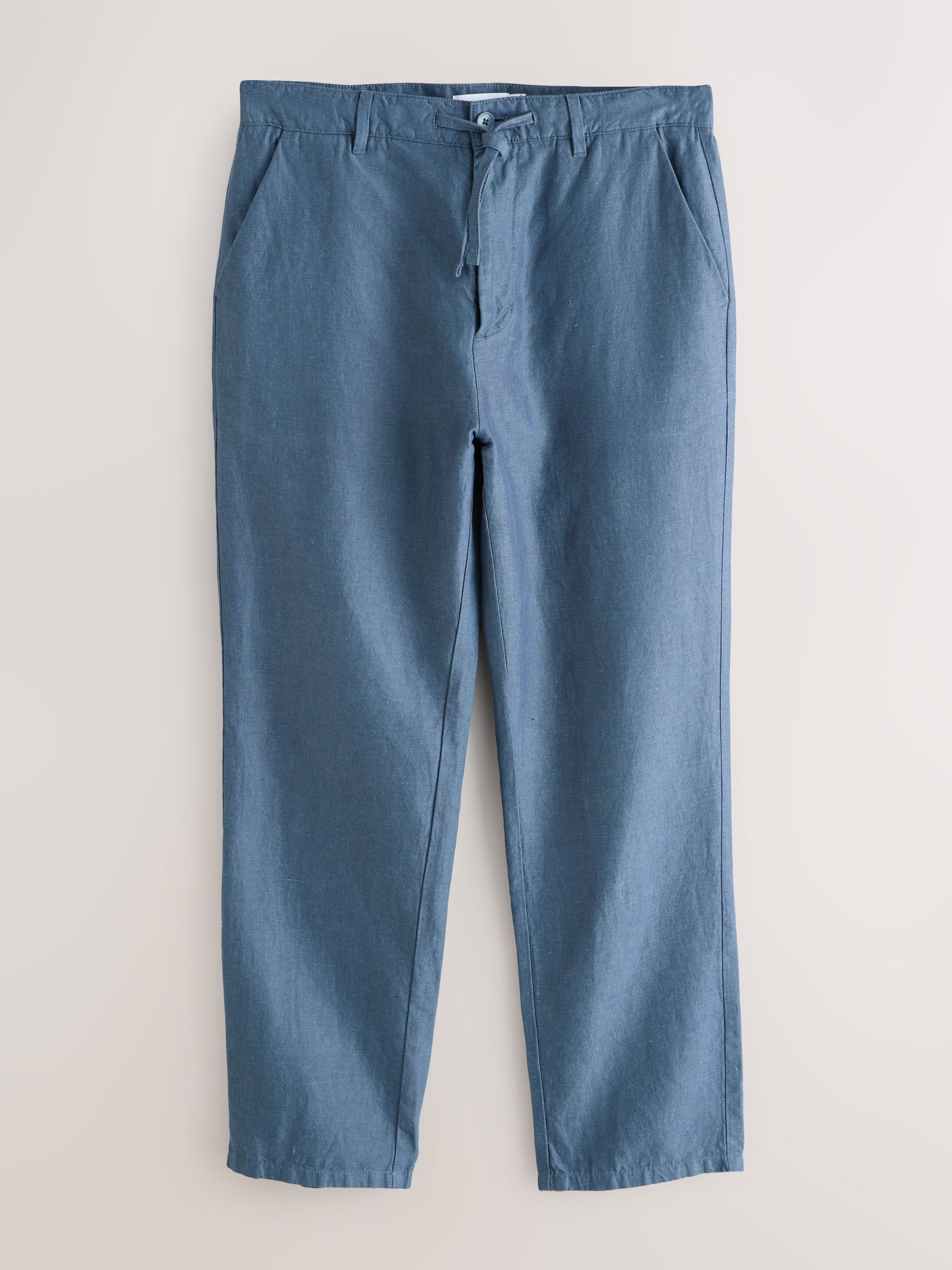 Buy Blue Straight Fit Cotton Linen Blend Twill Chino Trousers from