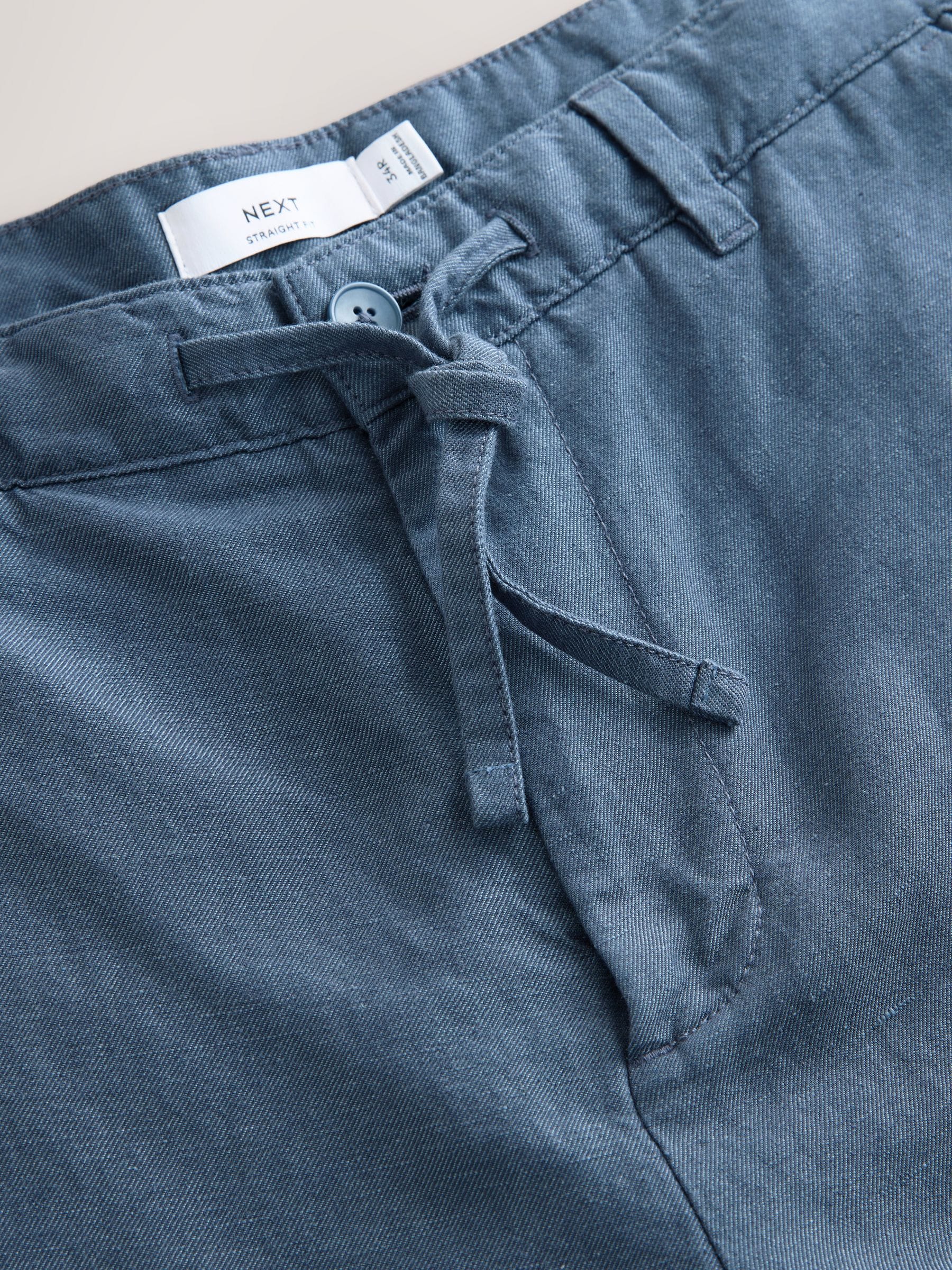 Buy Blue Straight Fit Cotton Linen Blend Twill Chino Trousers from