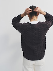 The Set 2 Pack Cable V-Neck Knit Cardigan Chocolate Brown/Cream - Image 4 of 6