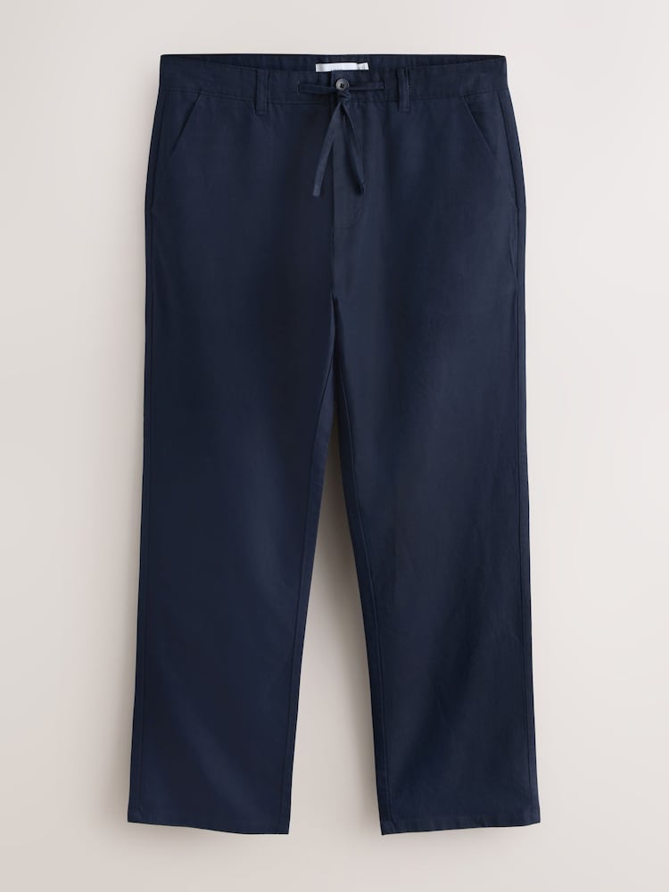 Navy Straight Fit Cotton Linen Blend Chino Trousers - Image 1 of 4