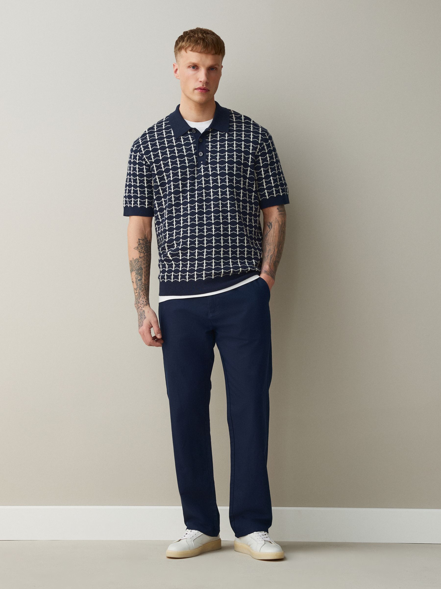 Buy Navy Straight Fit Cotton Linen Blend Twill Chino Trousers from