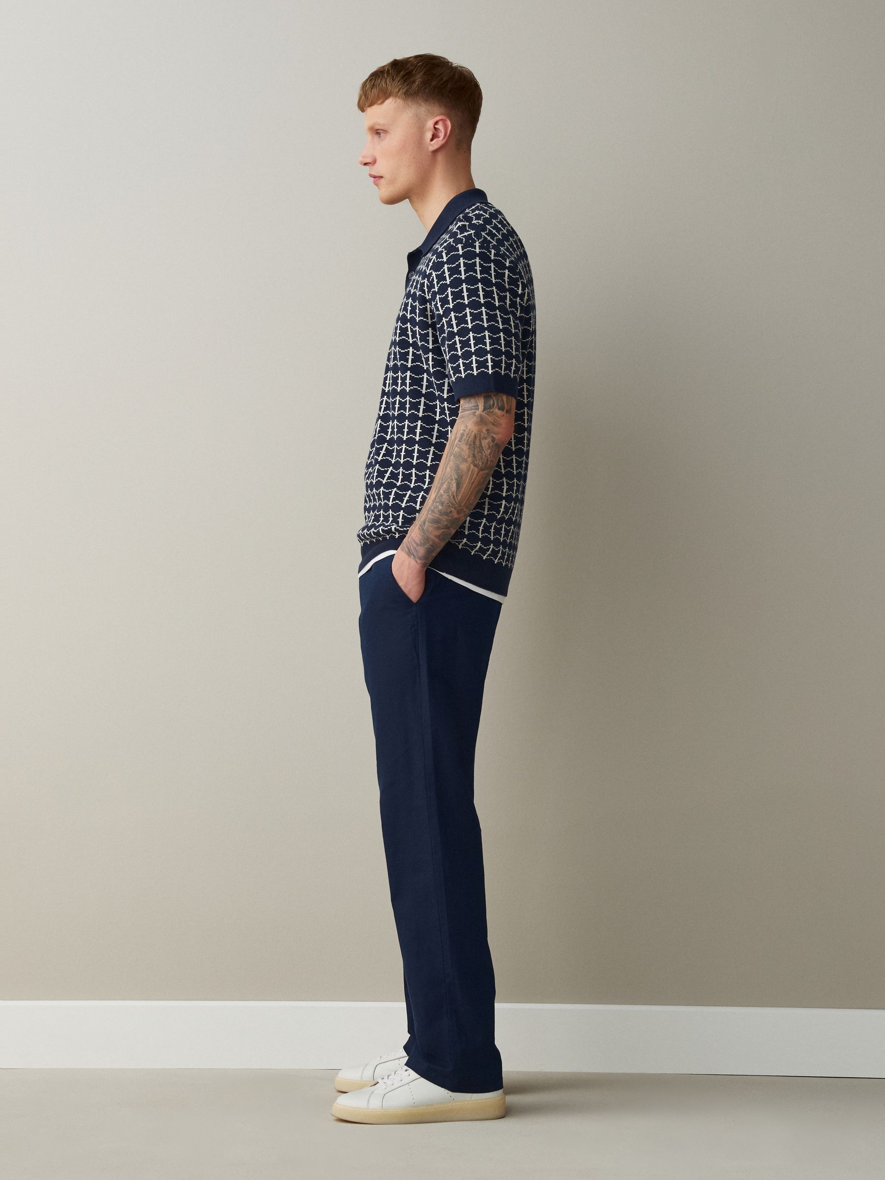 Buy Navy Straight Fit Cotton Linen Blend Twill Chino Trousers from