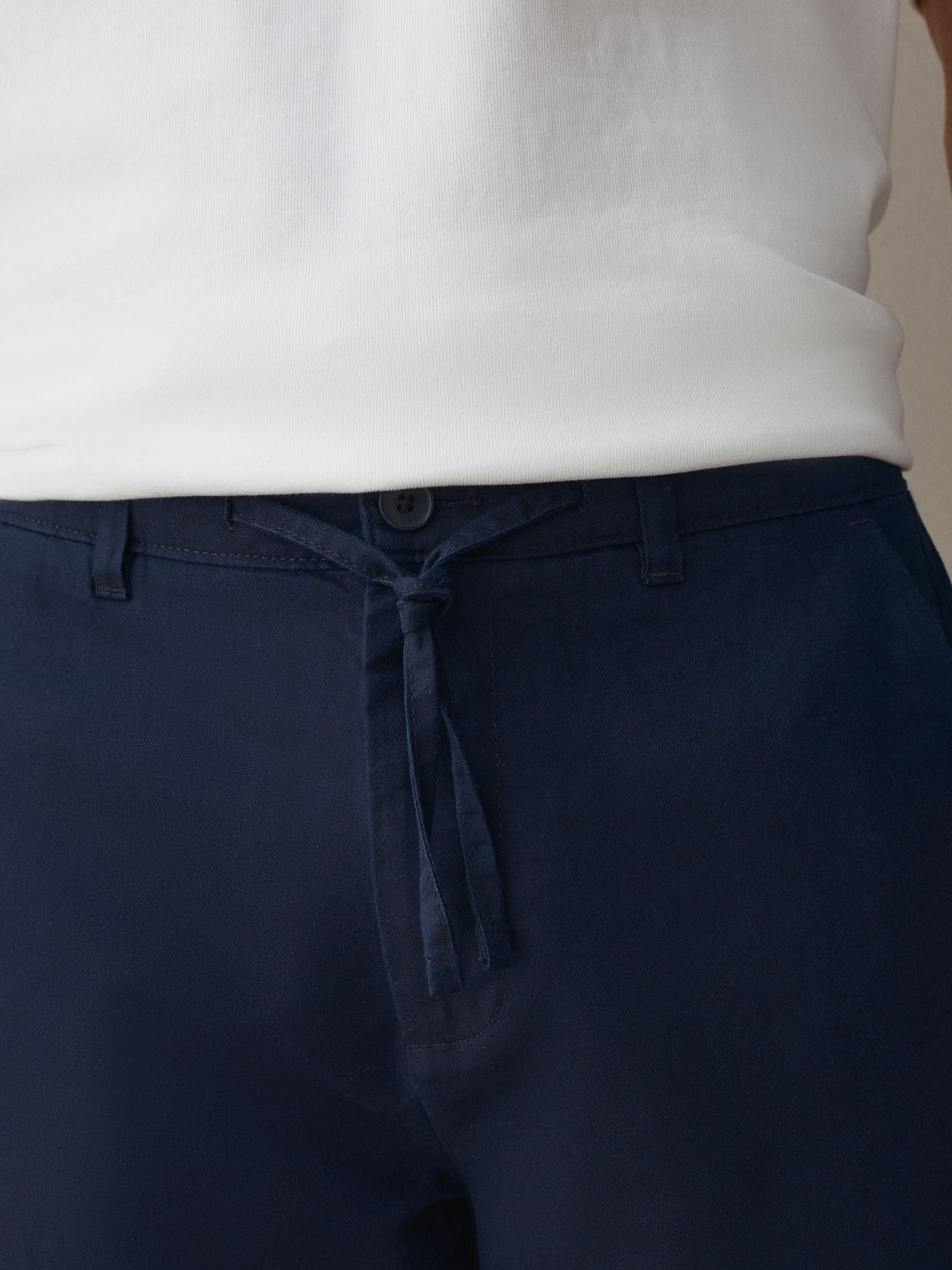 Buy Navy Straight Fit Cotton Linen Blend Twill Chino Trousers from