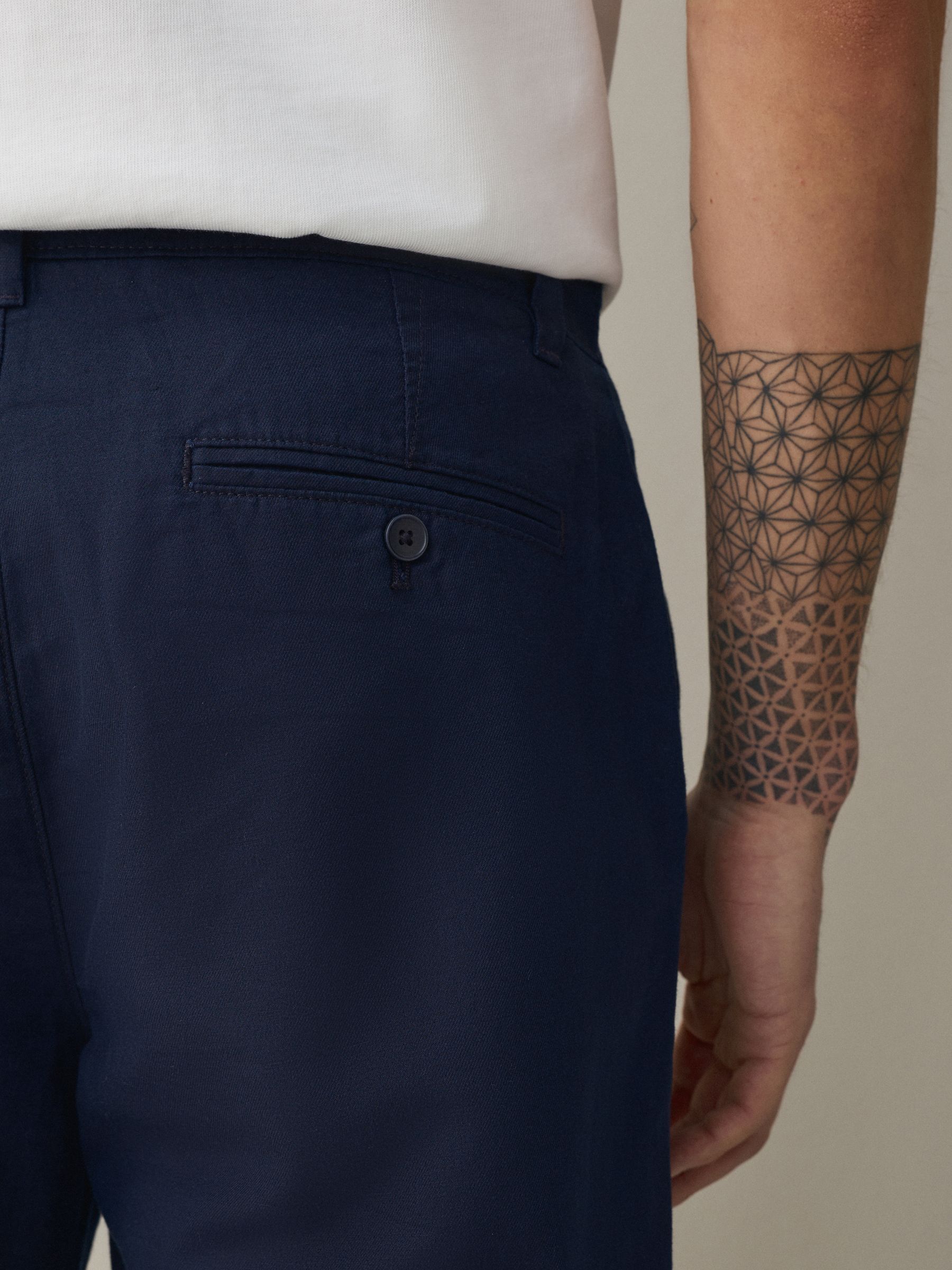 Buy Navy Straight Fit Cotton Linen Blend Twill Chino Trousers from