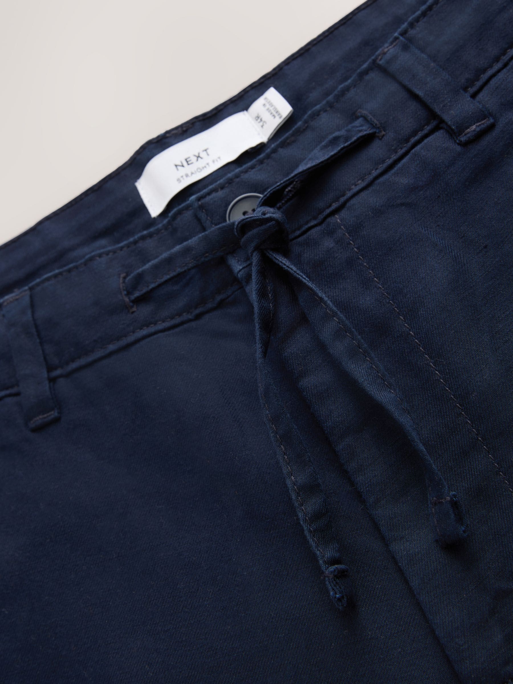 Buy Navy Straight Fit Cotton Linen Blend Twill Chino Trousers from