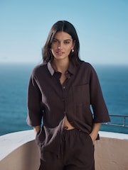 Chocolate Brown Textured Short Sleeve Shirt with Linen - Image 3 of 9
