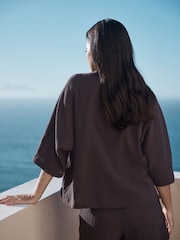 Chocolate Brown Textured Short Sleeve Shirt with Linen - Image 4 of 9