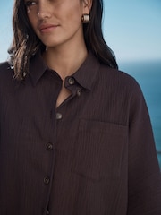 Chocolate Brown Textured Short Sleeve Shirt with Linen - Image 5 of 9