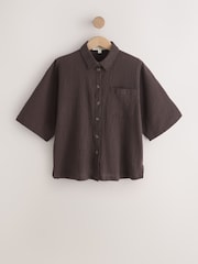 Chocolate Brown Textured Short Sleeve Shirt with Linen - Image 6 of 9