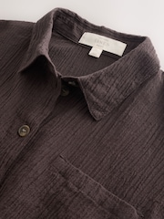 Chocolate Brown Textured Short Sleeve Shirt with Linen - Image 7 of 9