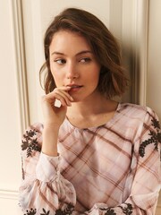 Laura Ashley Pink/Brown Check Co-ord Blouse with Embroidery - Image 4 of 9