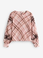 Laura Ashley Pink/Brown Check Co-ord Blouse with Embroidery - Image 5 of 9