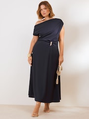 Friends Like These Navy Blue Curve Draped One Shoulder Midi Dress - Image 1 of 5