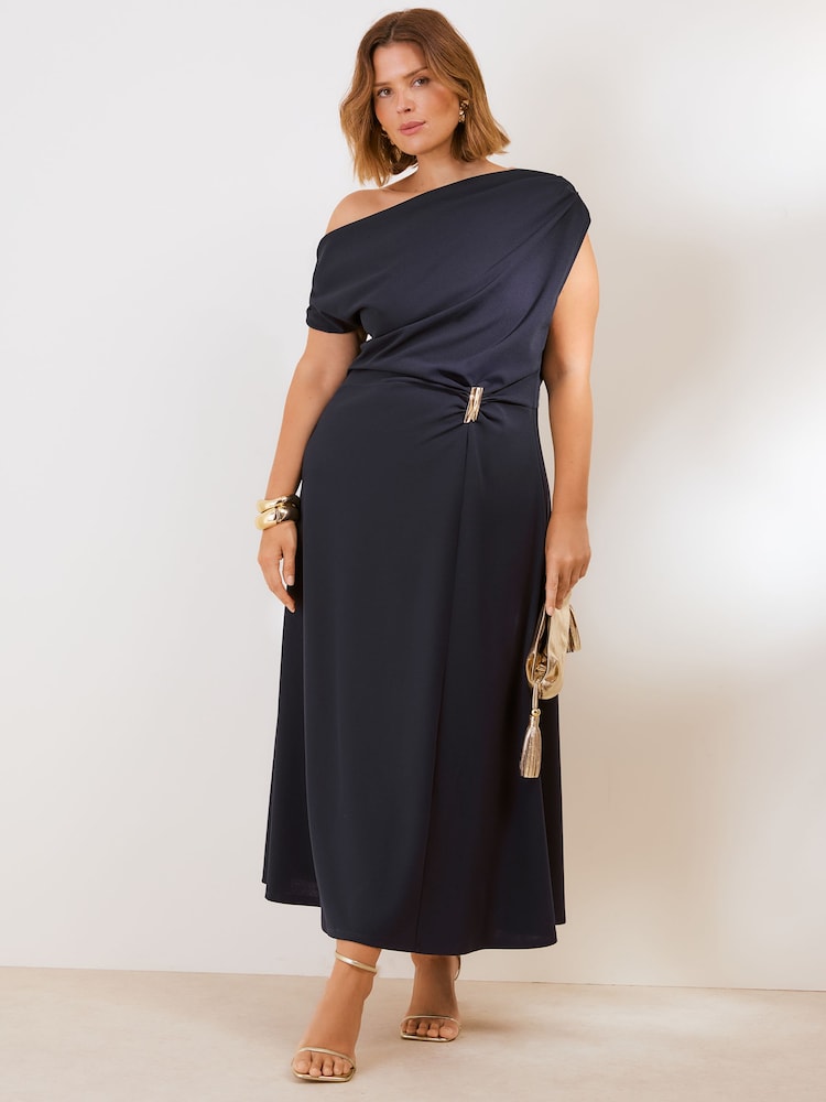 Friends Like These Navy Blue Curve Draped One Shoulder Midi Dress - Image 1 of 5 Friends Like These Navy Blue Curve Draped One Shoulder Midi Dress - Image 1 of 5