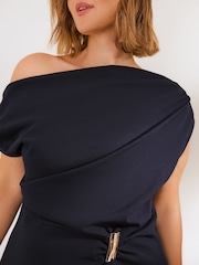 Friends Like These Navy Blue Curve Draped One Shoulder Midi Dress - Image 2 of 5