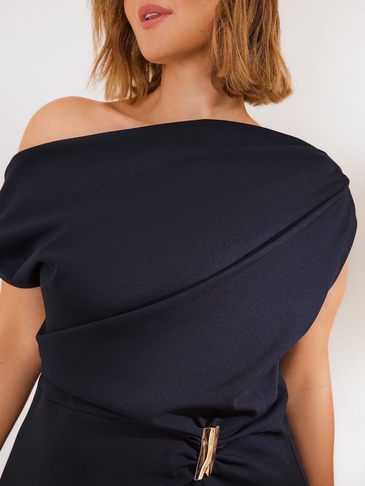 Friends Like These Navy Blue Curve Draped One Shoulder Midi Dress - Image 2 of 5 Friends Like These Navy Blue Curve Draped One Shoulder Midi Dress - Image 2 of 5