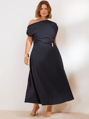 Friends Like These Navy Blue Curve Draped One Shoulder Midi Dress - Image 3 of 5