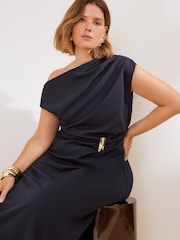 Friends Like These Navy Blue Curve Draped One Shoulder Midi Dress - Image 4 of 5