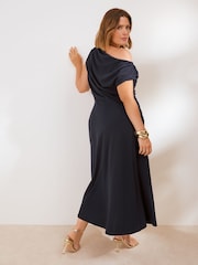 Friends Like These Navy Blue Curve Draped One Shoulder Midi Dress - Image 5 of 5