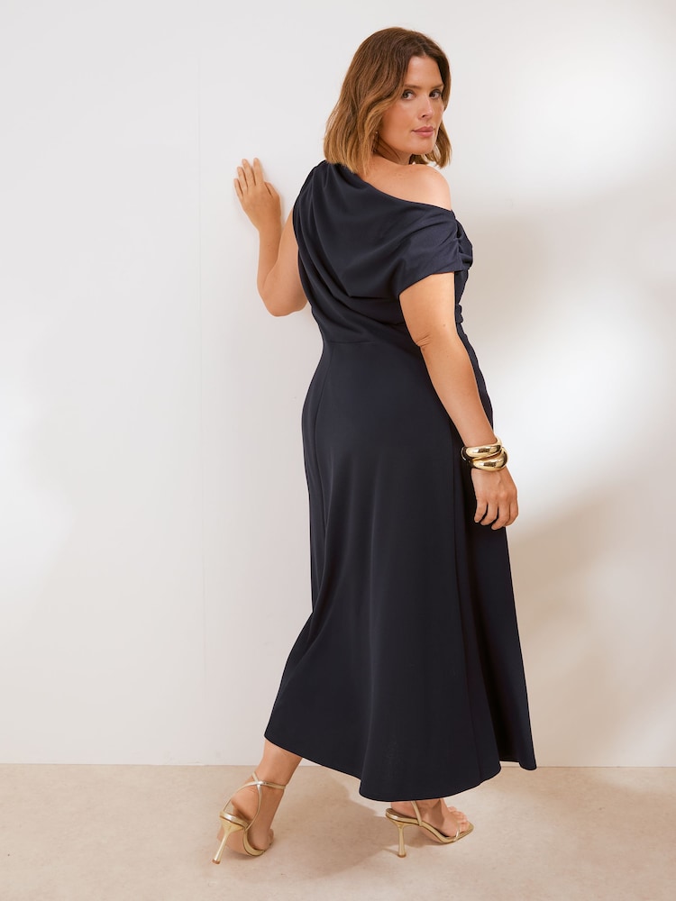 Friends Like These Navy Blue Curve Draped One Shoulder Midi Dress - Image 5 of 5 Friends Like These Navy Blue Curve Draped One Shoulder Midi Dress - Image 5 of 5
