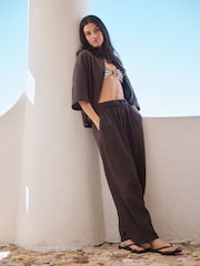 Chocolate Brown Textured Barrel Leg Trousers With Linen - Image 1 of 8