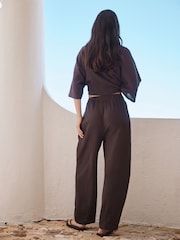 Chocolate Brown Textured Barrel Leg Trousers With Linen - Image 4 of 8