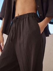 Chocolate Brown Textured Barrel Leg Trousers With Linen - Image 5 of 8