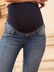 Seraphine Mid Blue Wash Premium Organic Maternity Overbump Flared Jeans - Image 6 of 7