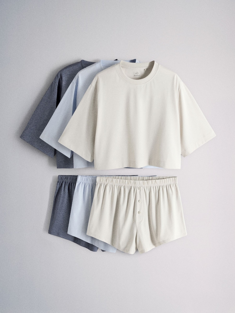 The Set 3 Pack Essentials Boxy T-Shirt and Short Pyjamas Set Blue - Image 1 of 9 The Set 3 Pack Essentials Boxy T-Shirt and Short Pyjamas Set Blue - Image 1 of 9