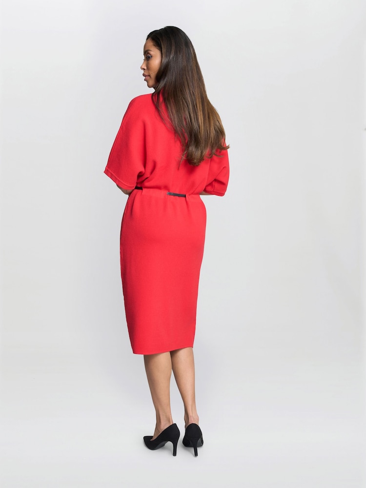 Gina Bacconi Red Alaura Belted Knit Midi Dress - Image 2 of 5 Gina Bacconi Red Alaura Belted Knit Midi Dress - Image 2 of 5