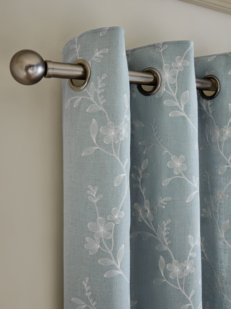Blue Floral Embroidered Touch of Linen Eyelet Lined Curtains - Image 1 of 5