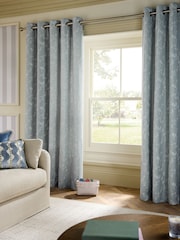 Blue Floral Embroidered Touch of Linen Eyelet Lined Curtains - Image 2 of 5