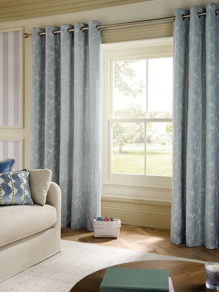 Blue Floral Embroidered Touch of Linen Eyelet Lined Curtains - Image 2 of 5