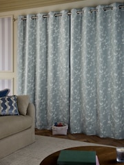Blue Floral Embroidered Touch of Linen Eyelet Lined Curtains - Image 3 of 5
