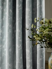 Blue Floral Embroidered Touch of Linen Eyelet Lined Curtains - Image 4 of 5