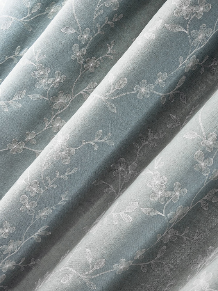 Blue Floral Embroidered Touch of Linen Eyelet Lined Curtains - Image 5 of 5