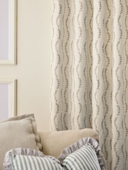 Natural/Green Embroidered Leaf Touch of Linen Eyelet Lined Curtains - Image 3 of 5