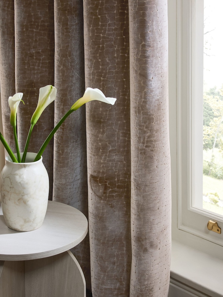 Mink Brown Collection Luxe Heavyweight Velvet Blocks Eyelet Lined Curtains - Image 2 of 5