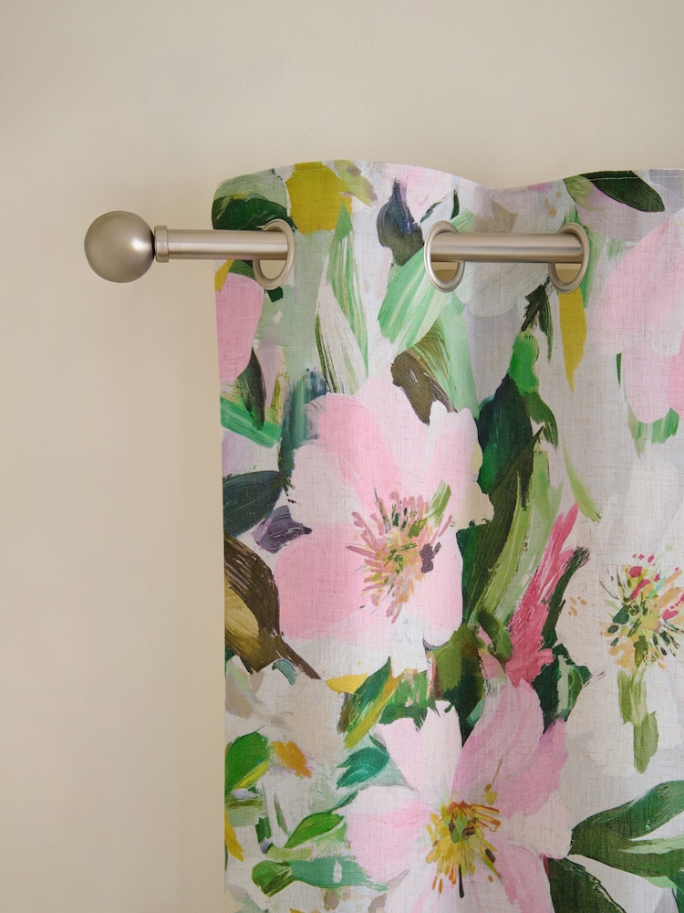 Green/Pink Floral Print Touch of Linen Eyelet Lined Curtains - Image 1 of 4 Green/Pink Floral Print Touch of Linen Eyelet Lined Curtains - Image 1 of 4
