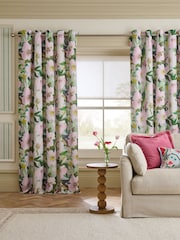 Green/Pink Floral Print Touch of Linen Eyelet Lined Curtains - Image 2 of 4