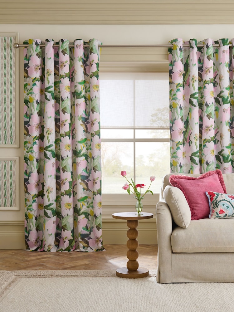 Green/Pink Floral Print Touch of Linen Eyelet Lined Curtains - Image 2 of 4 Green/Pink Floral Print Touch of Linen Eyelet Lined Curtains - Image 2 of 4