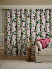 Green/Pink Floral Print Touch of Linen Eyelet Lined Curtains - Image 3 of 4
